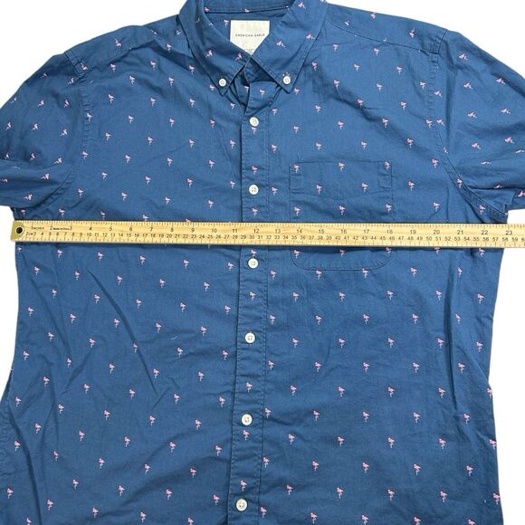 American Eagle Sz Large Blue Pink Flamingo Seriously Soft Button Up Shirt Mens - Picture 5 of 8